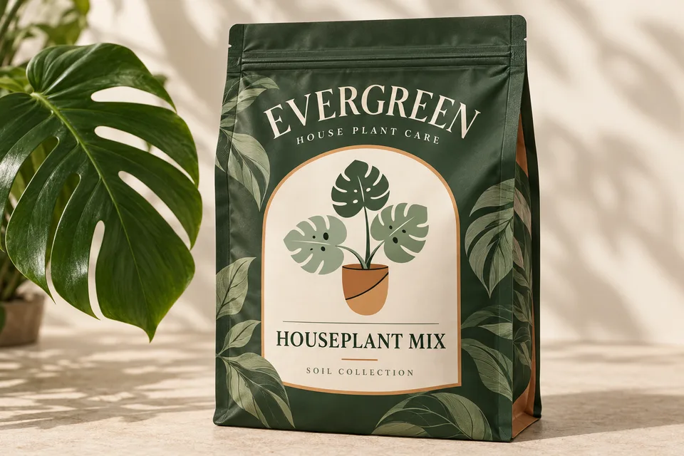 Evergreen Houseplant Mix packaging concept with a forest-green pouch, cream panel and Evergreen botanical logo